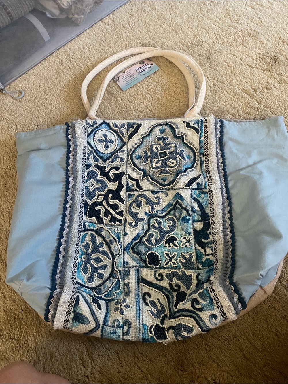 Blue Patterned Tote Bag with Embroidered Front Panel